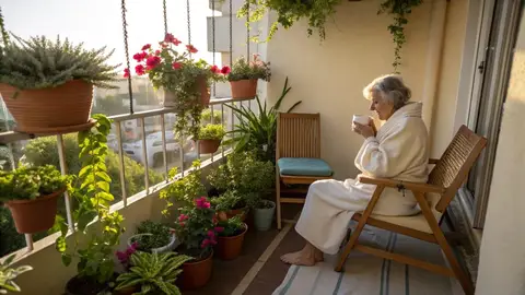 colorful balcony garden with flowers and greenery