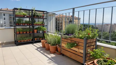 stylish themed balcony garden with plants and decor