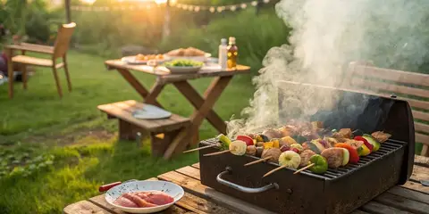 backyard garden setup with grill and dining table