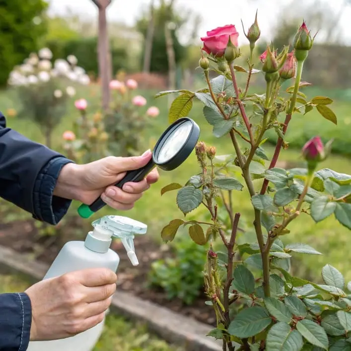 A gardener spraying non-toxic natural pest repellent on vegetable leaves in late summer