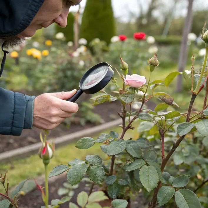 Close-up of tiny green aphids on a rose bud during early spring growth