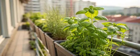 pots of fresh herbs growing on apartment balcony