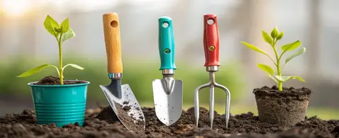 beginner gardening tools arranged on wooden table